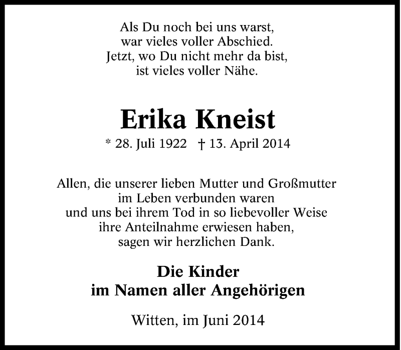  Traueranzeige für Erika Kneist vom 21.06.2014 aus Tageszeitung