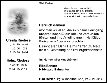 Traueranzeige von Ursula Riedesel von Tageszeitung