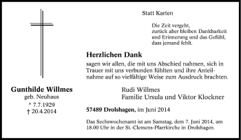 Traueranzeige von Gunthilde Willmes von Tageszeitung