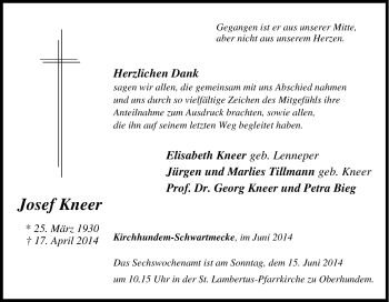 Traueranzeige von Josef Kneer von Tageszeitung