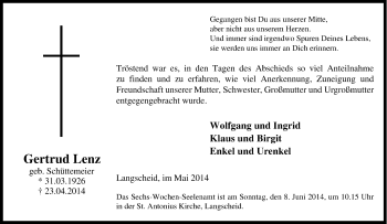 Traueranzeige von Gertrud Lenz von Tageszeitung