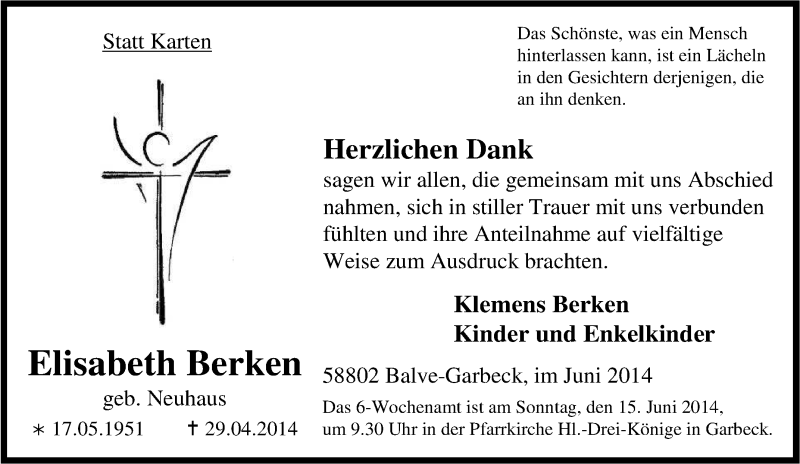  Traueranzeige für Elisabeth Berken vom 07.06.2014 aus Tageszeitung