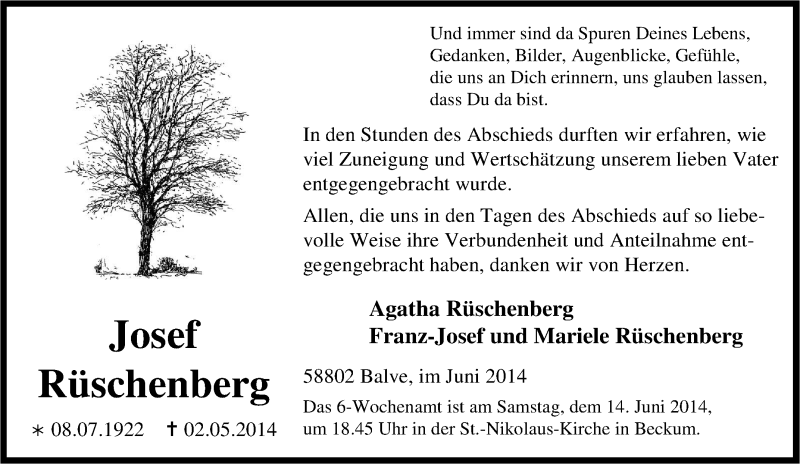  Traueranzeige für Josef Rüschenberg vom 07.06.2014 aus Tageszeitung