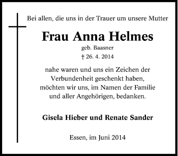 Traueranzeige von Anna Helmes von Tageszeitung