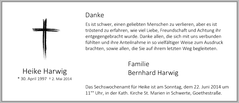  Traueranzeige für Heike Harwig vom 14.06.2014 aus Tageszeitung