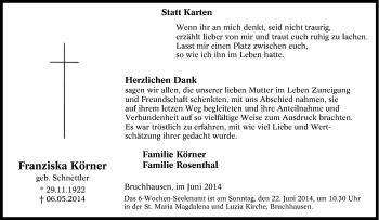 Traueranzeige von Franziska Körner von Tageszeitung