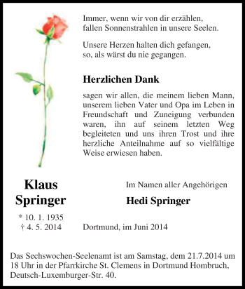 Traueranzeige von Klaus Springer von Tageszeitung