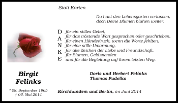 Traueranzeige von Birgit Felinks von Tageszeitung
