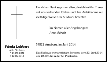 Traueranzeige von Frieda Lohberg von Tageszeitung
