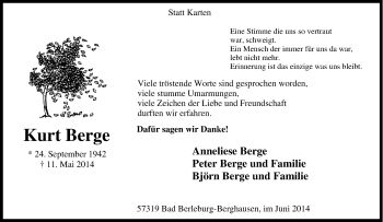 Traueranzeige von Kurt Berge von Tageszeitung