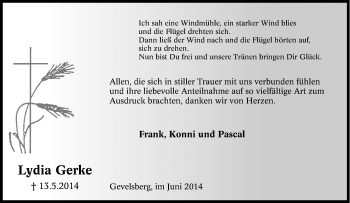 Traueranzeige von Lydia Gerke von Tageszeitung