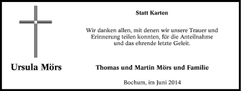 Traueranzeige von Ursula Mörs von Tageszeitung
