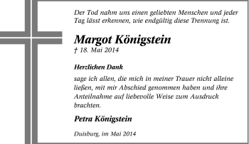 Traueranzeige von Margot Königstein von Tageszeitung