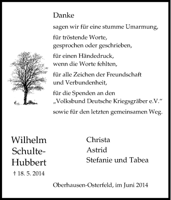 Traueranzeige von Wilhelm Schulte-Hubbert von Tageszeitung