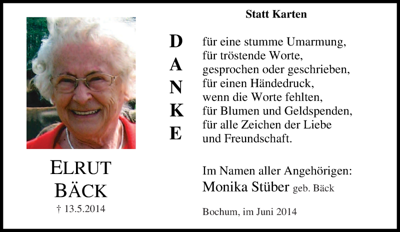  Traueranzeige für Elrut Bäck vom 07.06.2014 aus Tageszeitung