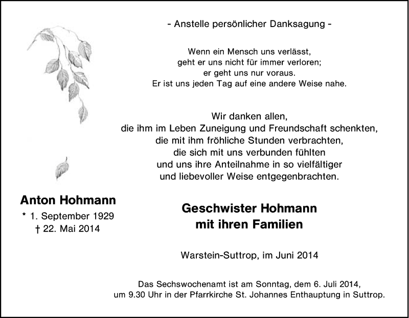  Traueranzeige für Anton Hohmann vom 30.06.2014 aus Tageszeitung