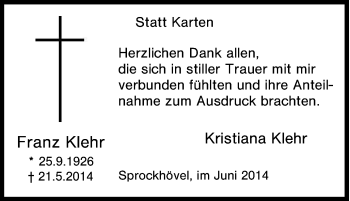 Traueranzeige von Franz Klehr von Tageszeitung