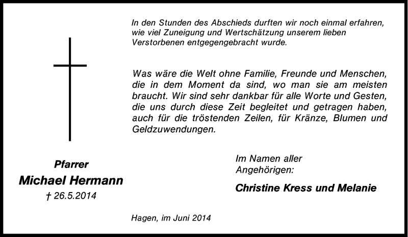  Traueranzeige für Michael Hermann vom 28.06.2014 aus Tageszeitung