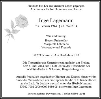 Traueranzeige von Inge Lagemann von Tageszeitung