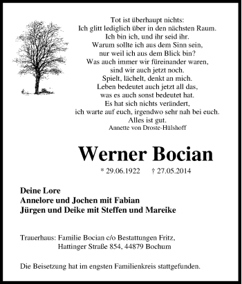 Traueranzeige von Werner Bocian von Tageszeitung