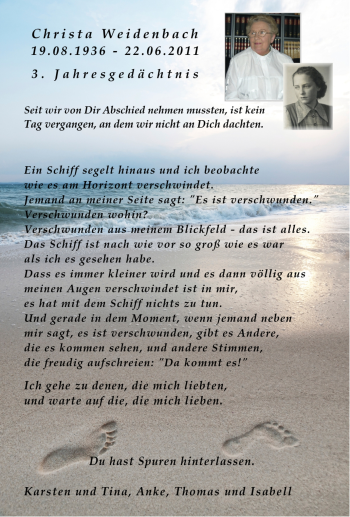 Traueranzeige von Christa Weidenbach von Tageszeitung