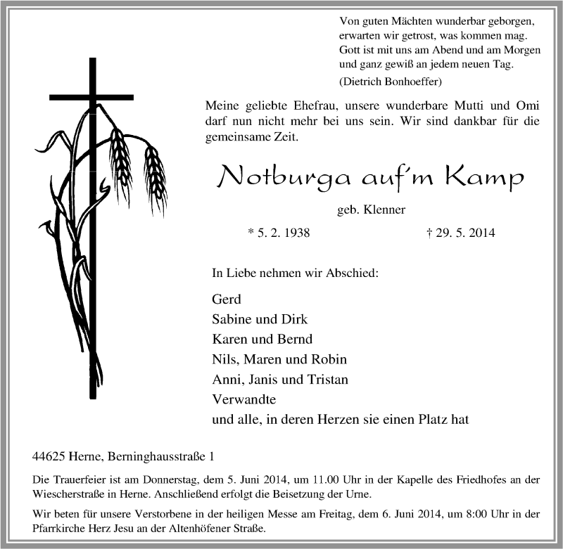  Traueranzeige für Notburga auf'm Kamp vom 03.06.2014 aus Tageszeitung