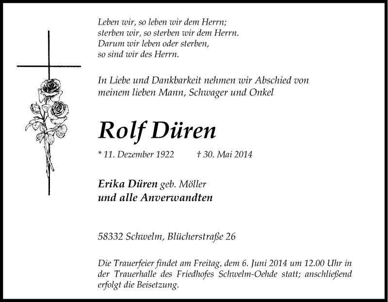  Traueranzeige für Rolf Düren vom 03.06.2014 aus Tageszeitung