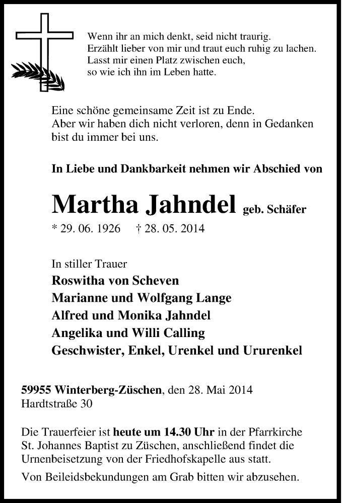  Traueranzeige für Martha Jahndel vom 02.06.2014 aus Tageszeitung