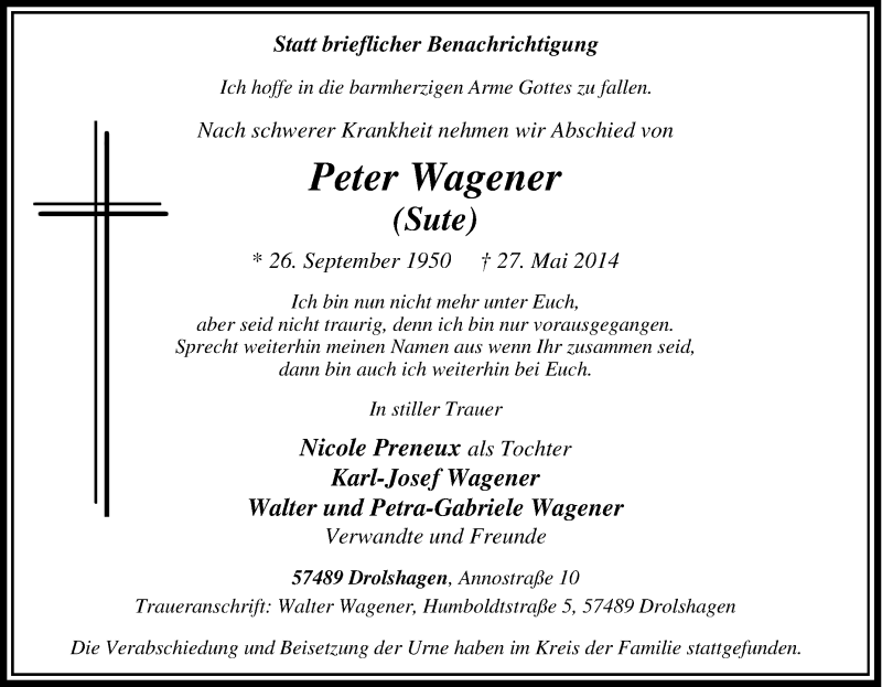  Traueranzeige für Peter Wagener vom 05.06.2014 aus Tageszeitung