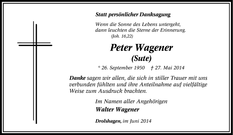  Traueranzeige für Peter Wagener vom 28.06.2014 aus Tageszeitung