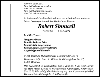 Traueranzeige von Robert Sinnwell von Tageszeitung