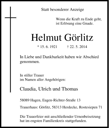 Traueranzeige von Helmut Görlitz von Tageszeitung
