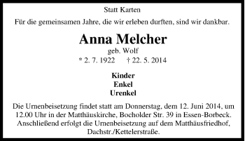 Traueranzeige von Anna Melcher von Tageszeitung
