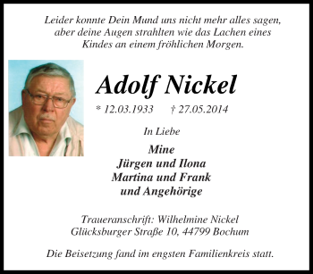 Traueranzeige von Adolf Nickel von Tageszeitung