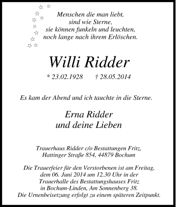 Traueranzeige von Willi Ridder von Tageszeitung