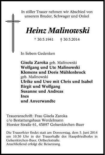 Traueranzeige von Heinz Malinowski von Tageszeitung