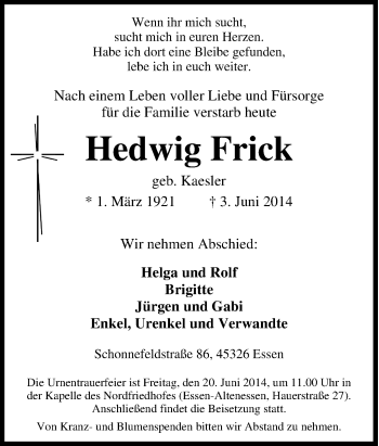 Traueranzeige von Hedwig Frick von Tageszeitung