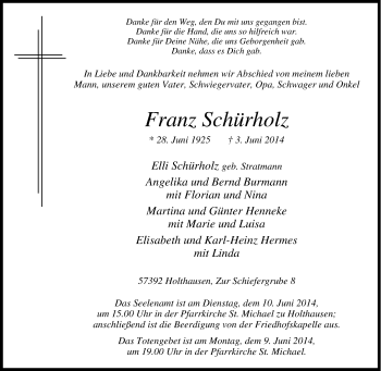 Traueranzeige von Franz Schürholz von Tageszeitung