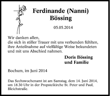 Traueranzeige von Ferdinande Bössing von Tageszeitung