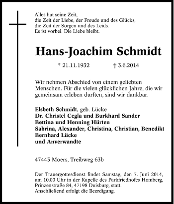 Traueranzeige von Hans-Joachim Schmidt von Tageszeitung