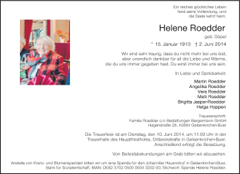 Traueranzeige von Helene Roedder von Tageszeitung