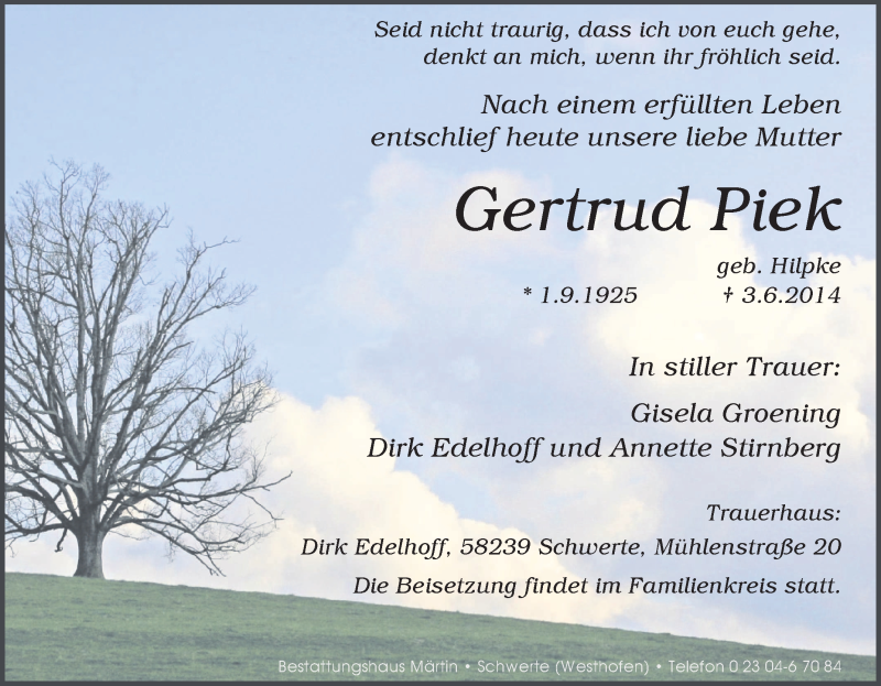  Traueranzeige für Gertrud Piek vom 07.06.2014 aus Tageszeitung