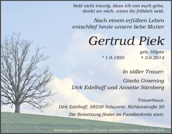 Traueranzeige von Gertrud Piek von Tageszeitung