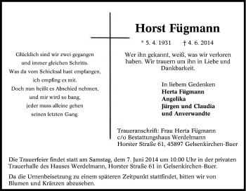 Traueranzeige von Horst Fügmann von Tageszeitung