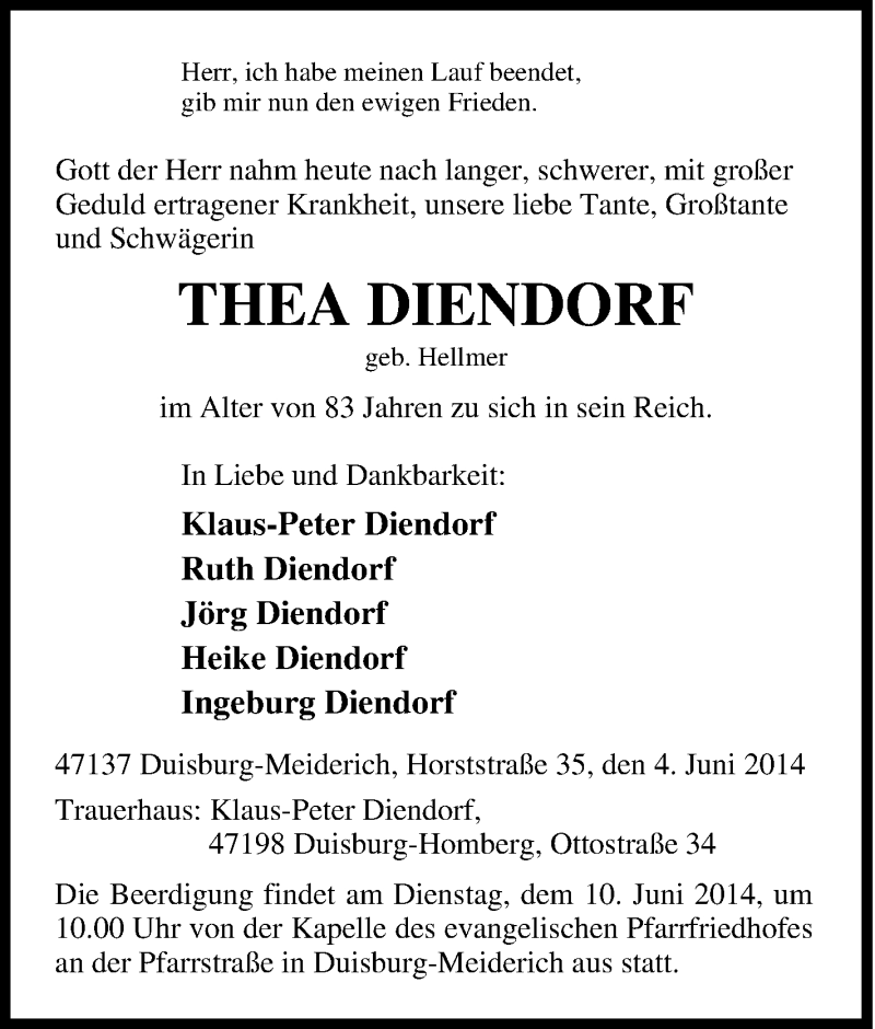  Traueranzeige für Thea Diendorf vom 07.06.2014 aus Tageszeitung