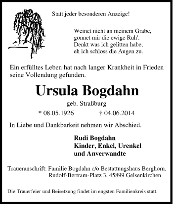 Traueranzeige von Ursula Bogdahn von Tageszeitung