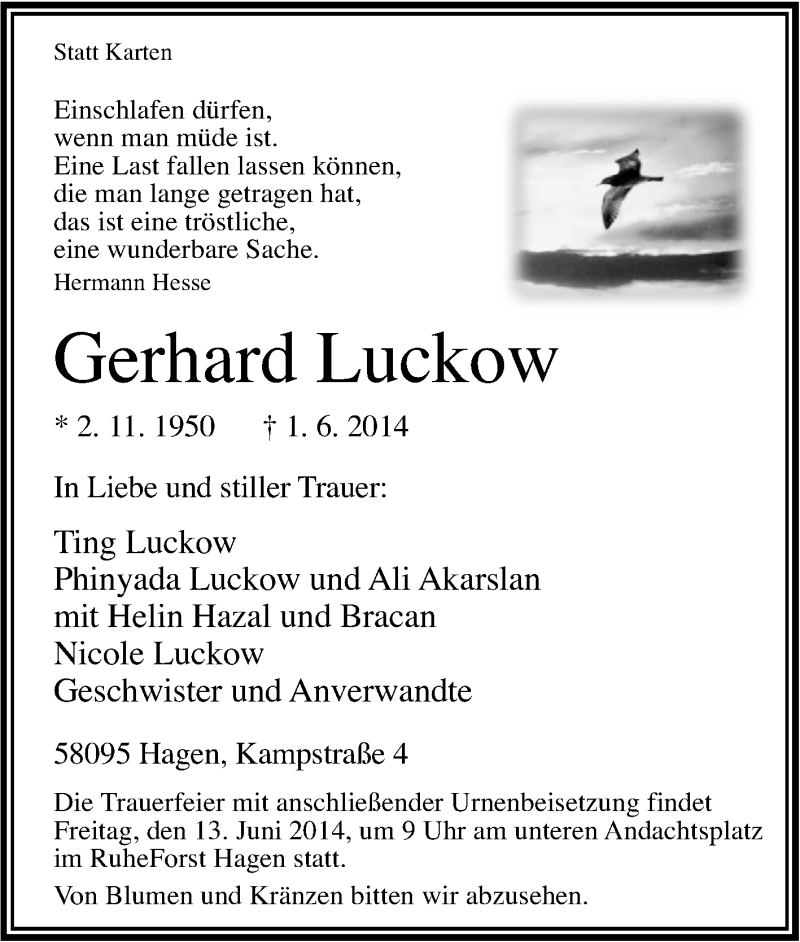  Traueranzeige für Gerhard Luckow vom 07.06.2014 aus Tageszeitung