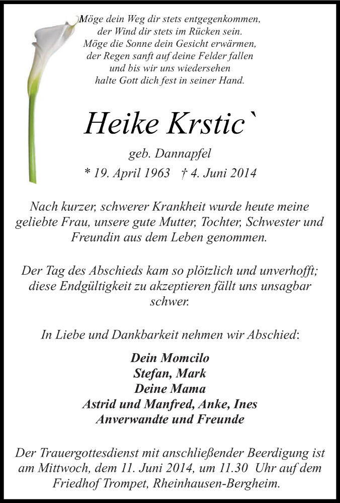 Traueranzeige für Heike Krstic` vom 07.06.2014 aus Tageszeitung