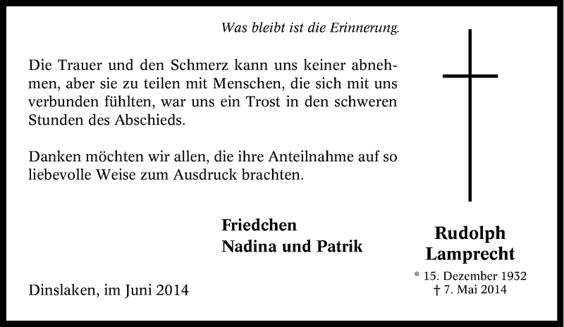  Traueranzeige für Rudolph Lamprecht vom 07.06.2014 aus Tageszeitung