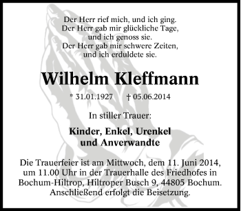 Traueranzeige von Wilhelm  Kleffmann von Tageszeitung